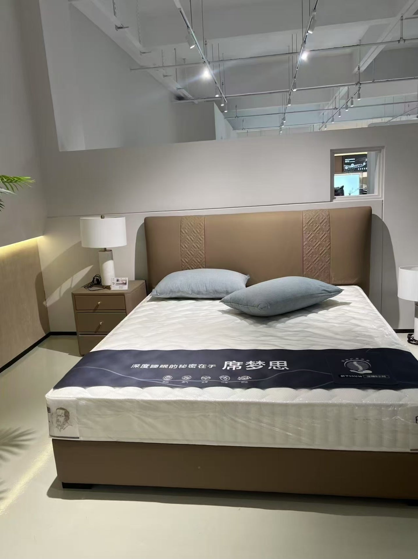 callum luxurious king-size genuine leather platform bed with designer headboard and two bedside tables