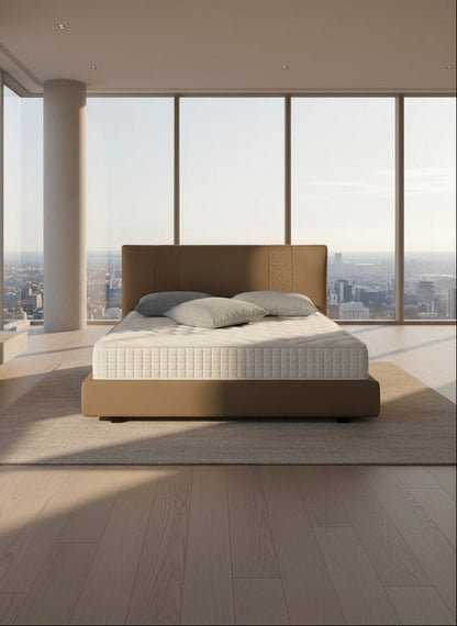 Callum Luxurious King-Size Genuine Leather Platform Bed with Designer Headboard and two bedside tables