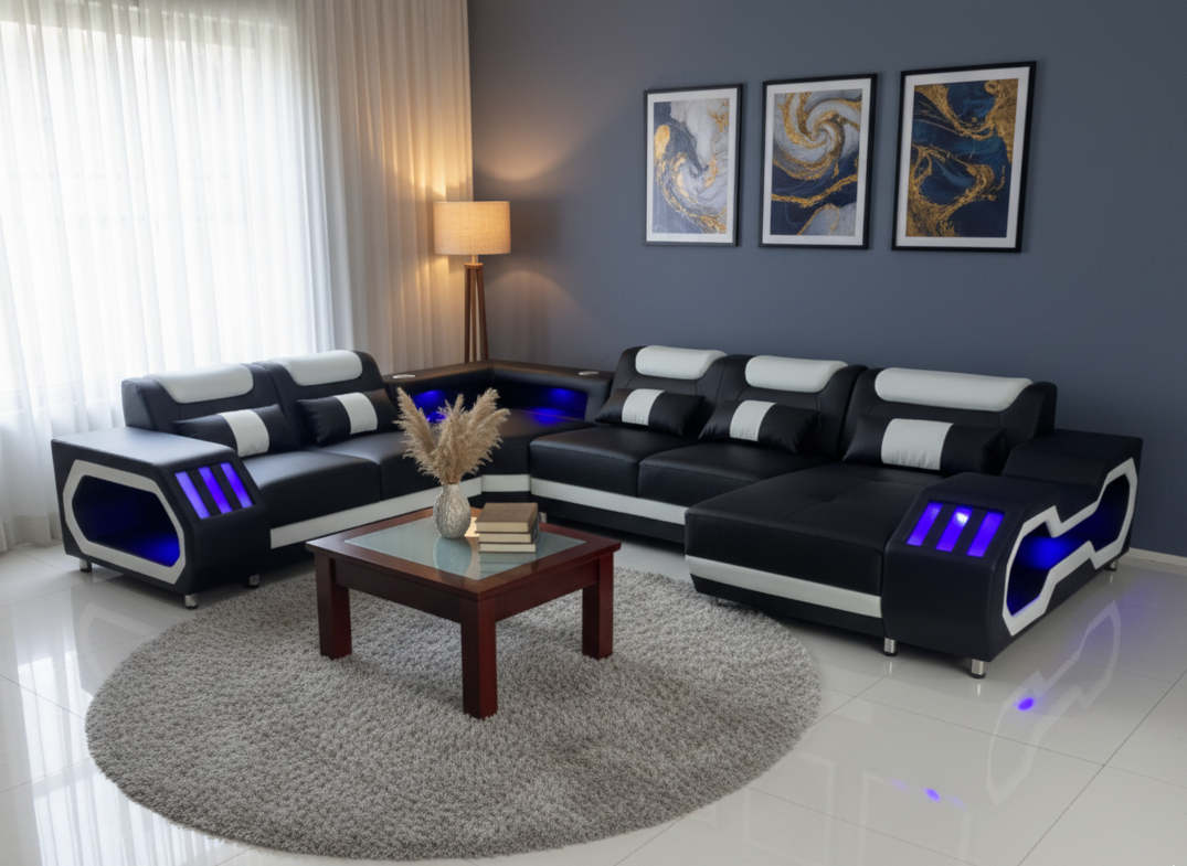 jacob sofa + coffee table with marble top + chaise + led