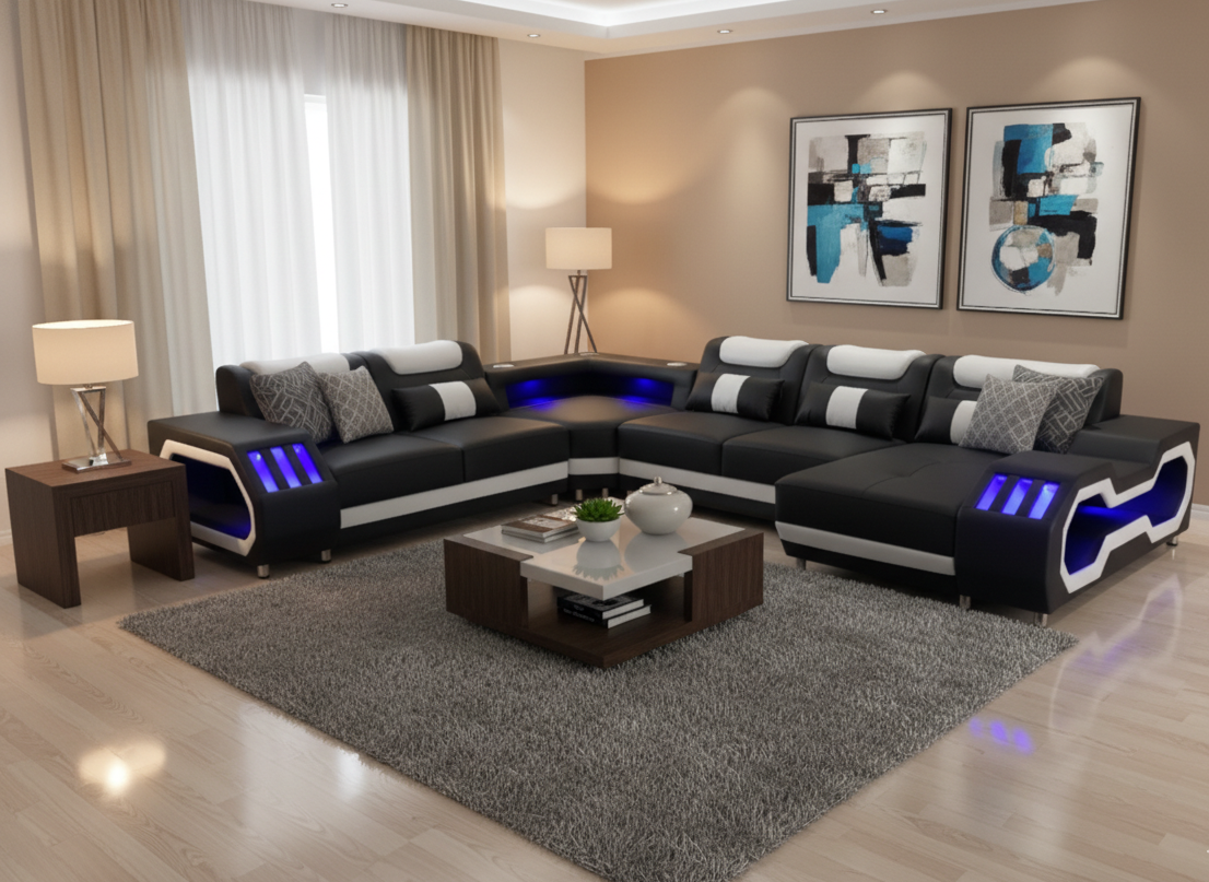 jacob sofa + coffee table with marble top + chaise + led