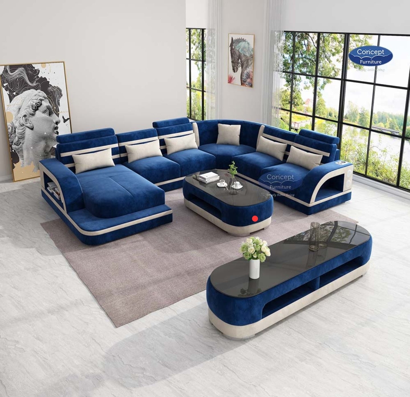 lisa complete living room: modern chaise sofa with marble coffee table