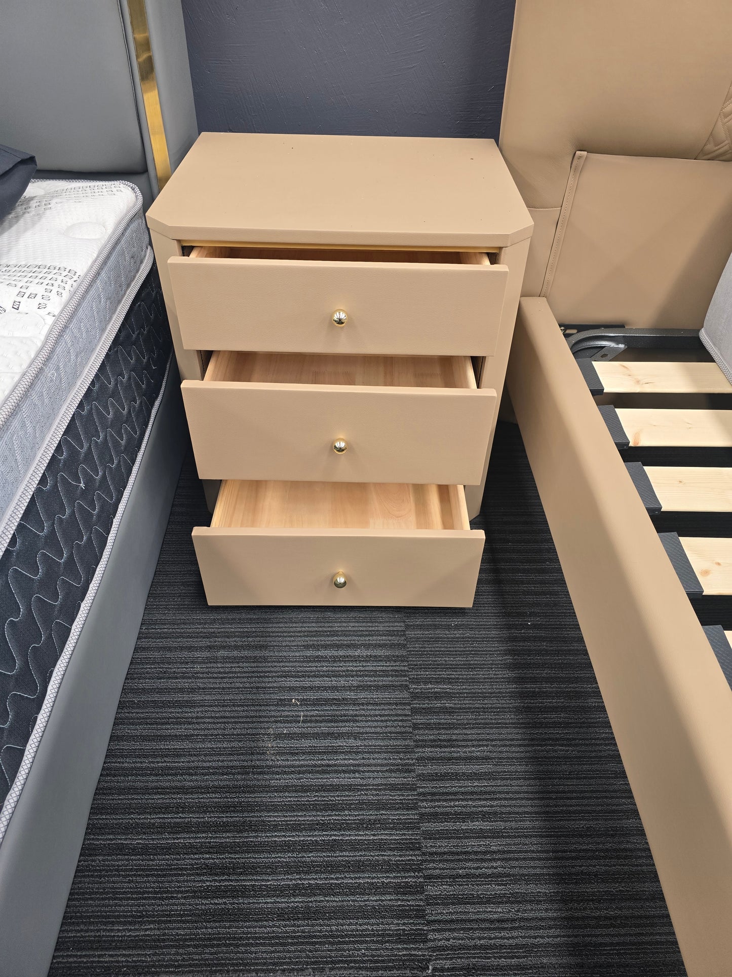 sandy bedside table with soft close.