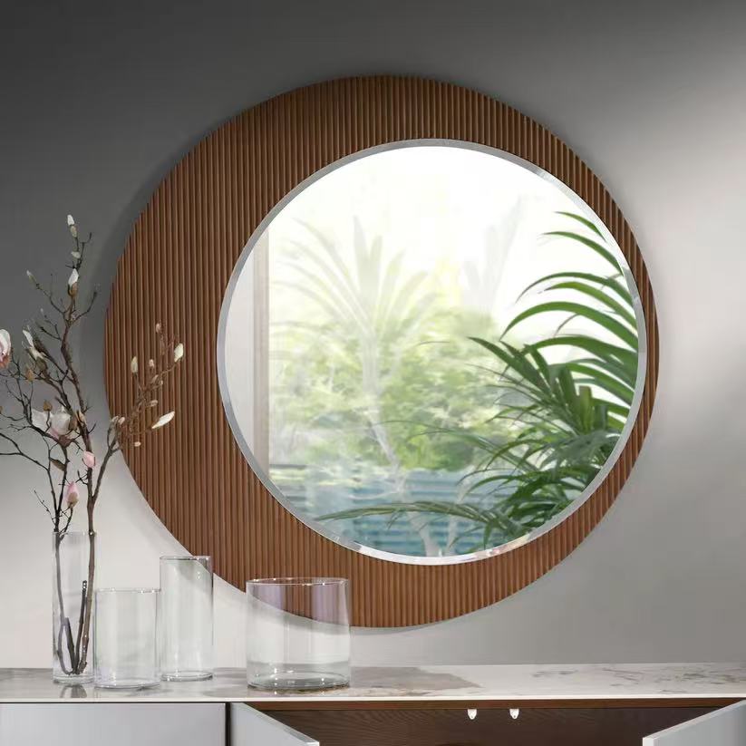 cecil round mirror with wooden frame.